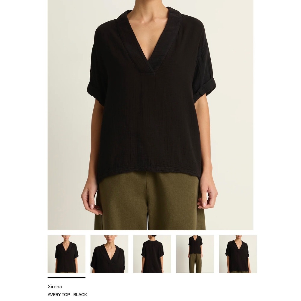 Xirena Avery Top Black Cotton Gauze V-Neck Short Sleeve Blouse Medium